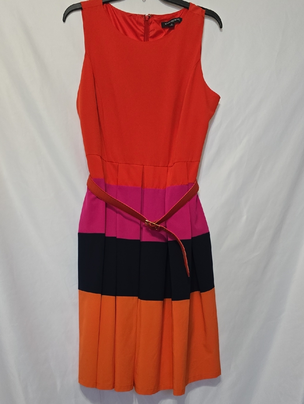 Sharagano Colorblock Pleated Belted Fit Flare Dress